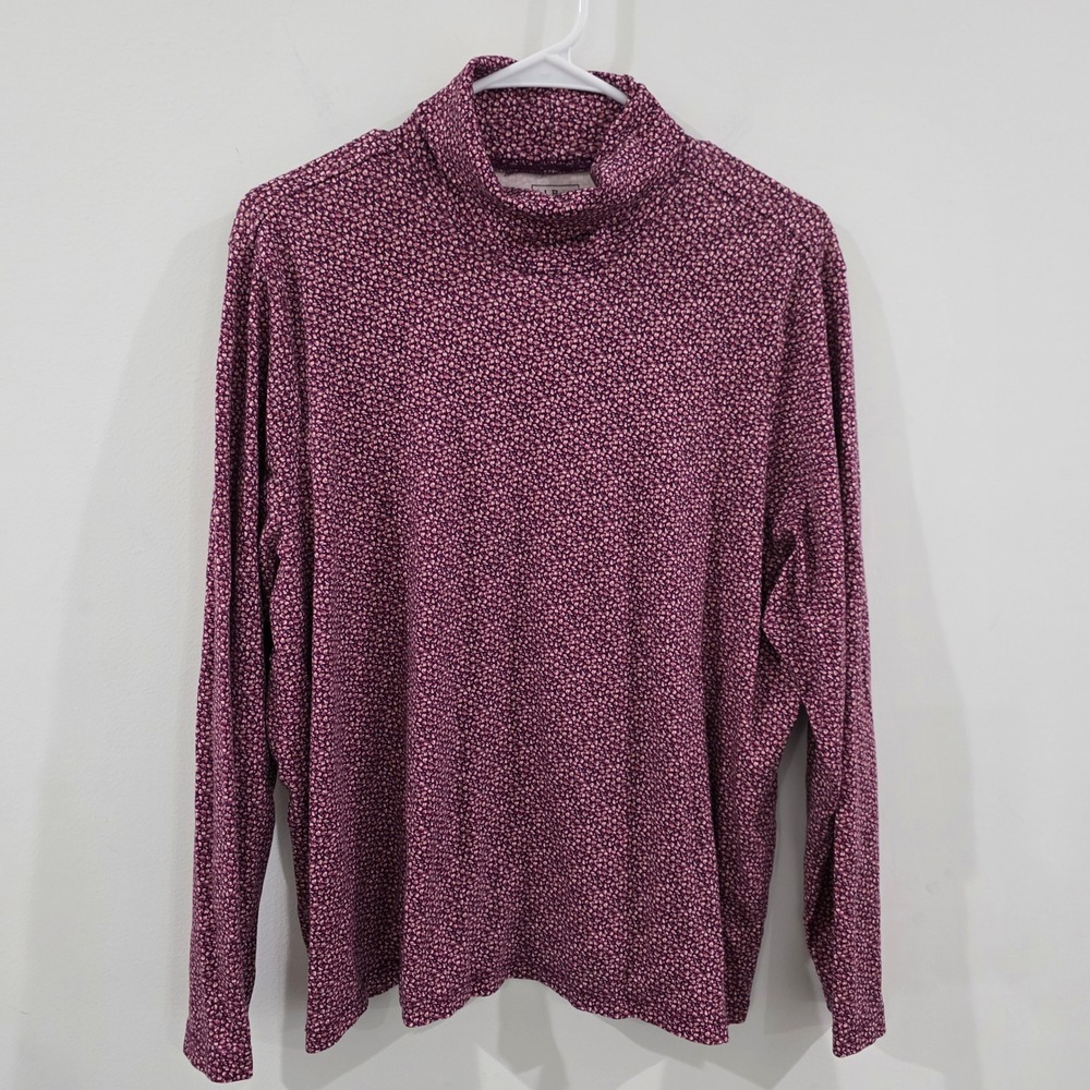 LL Bean Womens Floral Turtleneck Top Size 2X Purple Supima Cotton Mock Neck